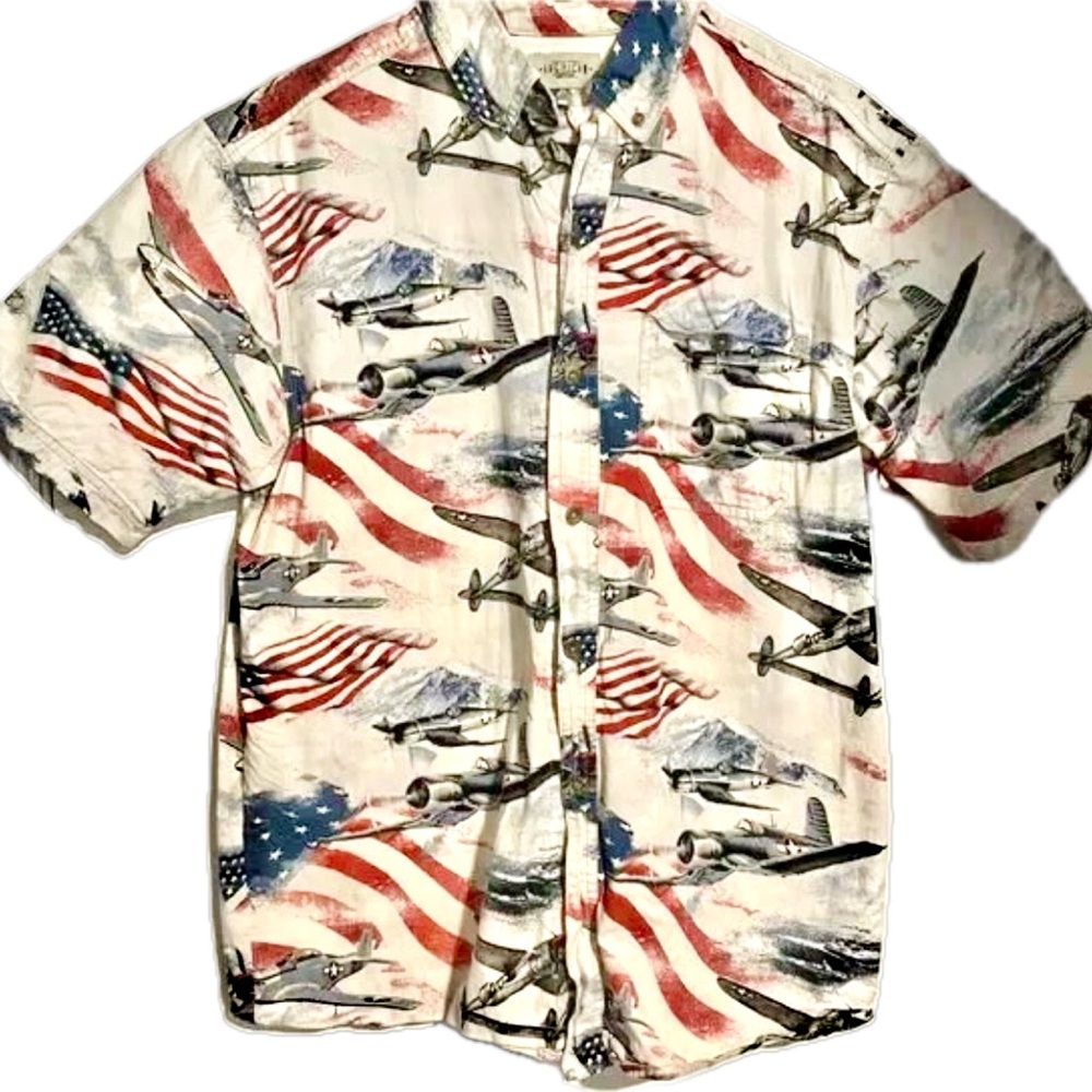 Men’s Patriotic Button-Up Shirt Medium American Flag Warplane Print